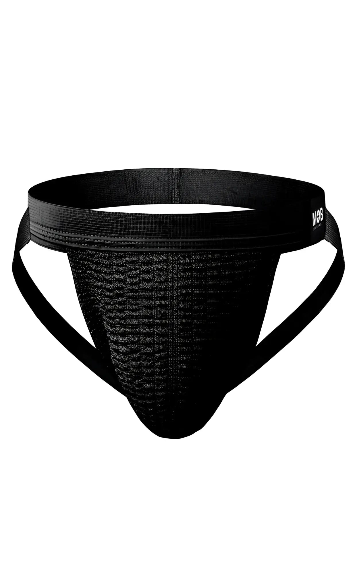 Black mob swim jockstrap with textured breathable mesh fabric and reinforced elastic waistband shown from the back side
