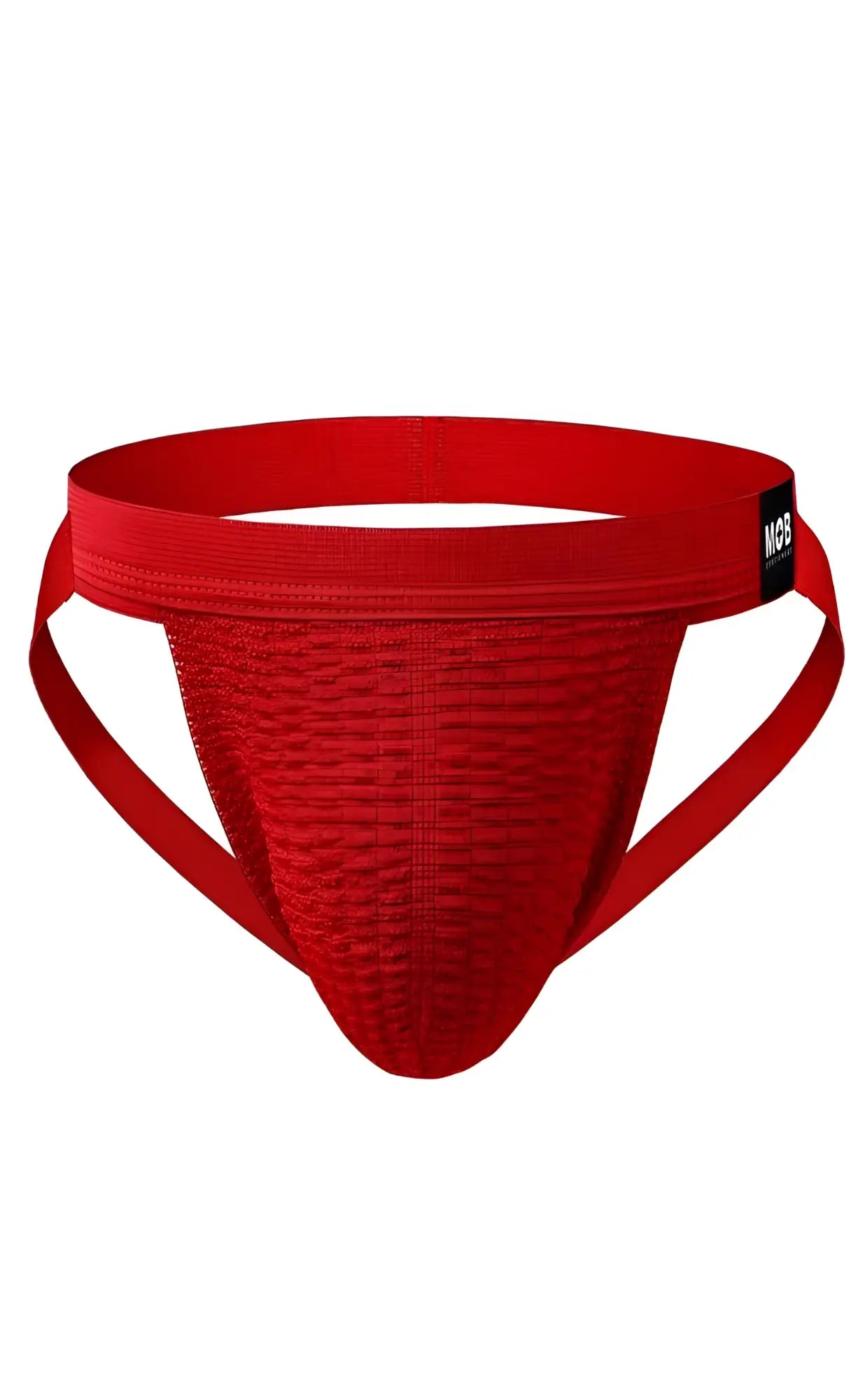Red textured athletic briefs with supportive waistband and side straps from mob swim jockstrap collection