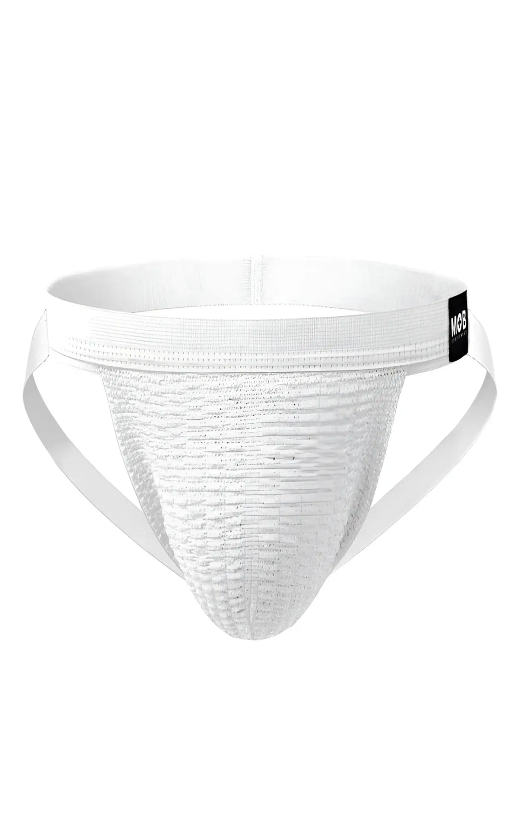 White athletic swim jockstrap with textured breathable fabric and elastic waistband featuring black mob brand tag