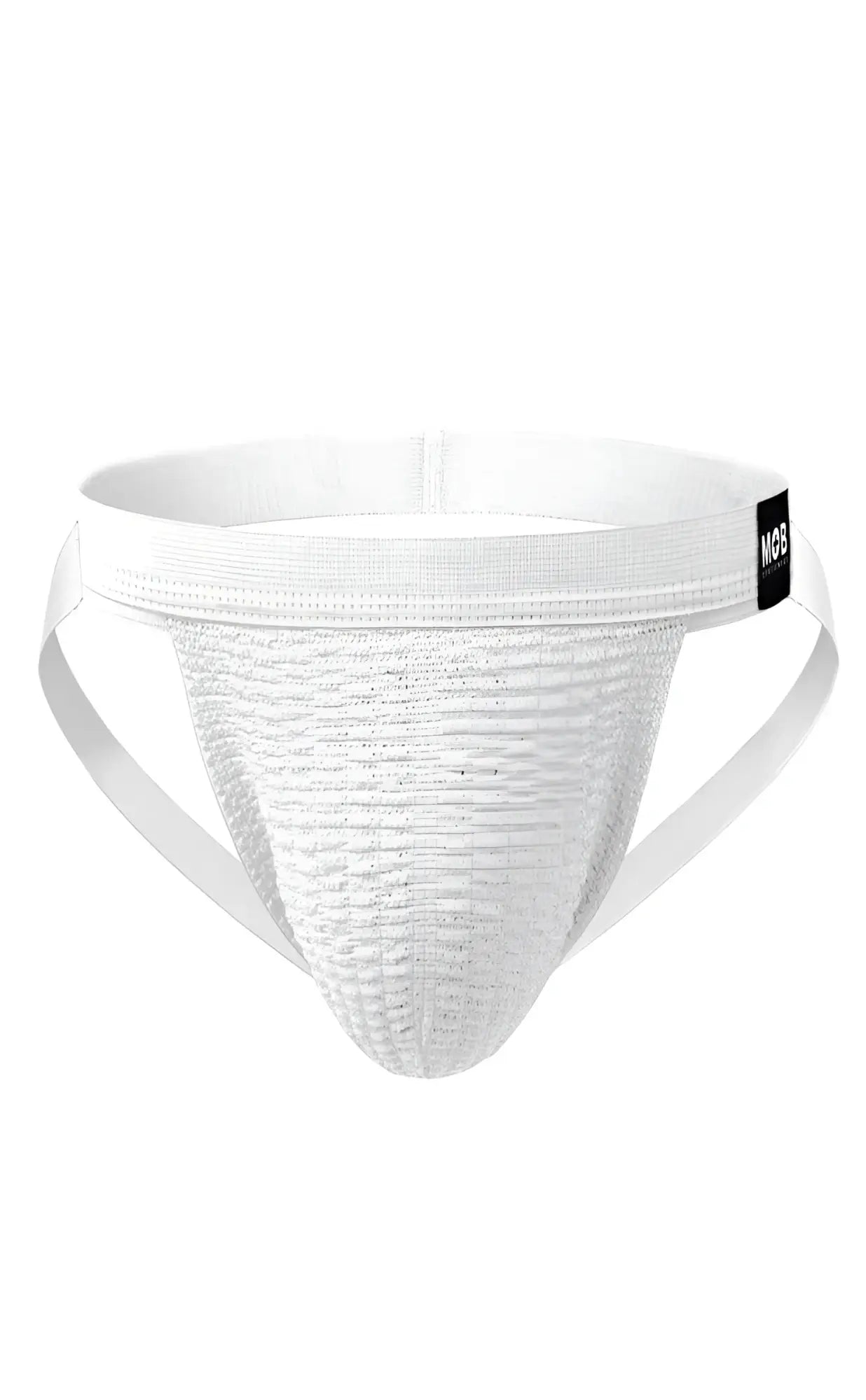 White athletic swim jockstrap with textured breathable fabric and elastic waistband featuring black mob brand tag