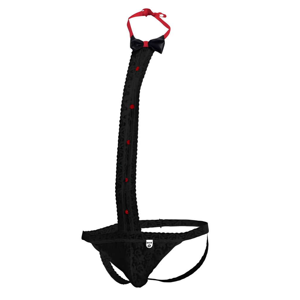 Black lace thong with red bow tie and matching buttons along strap from the MOB tuxedo lace thong collection