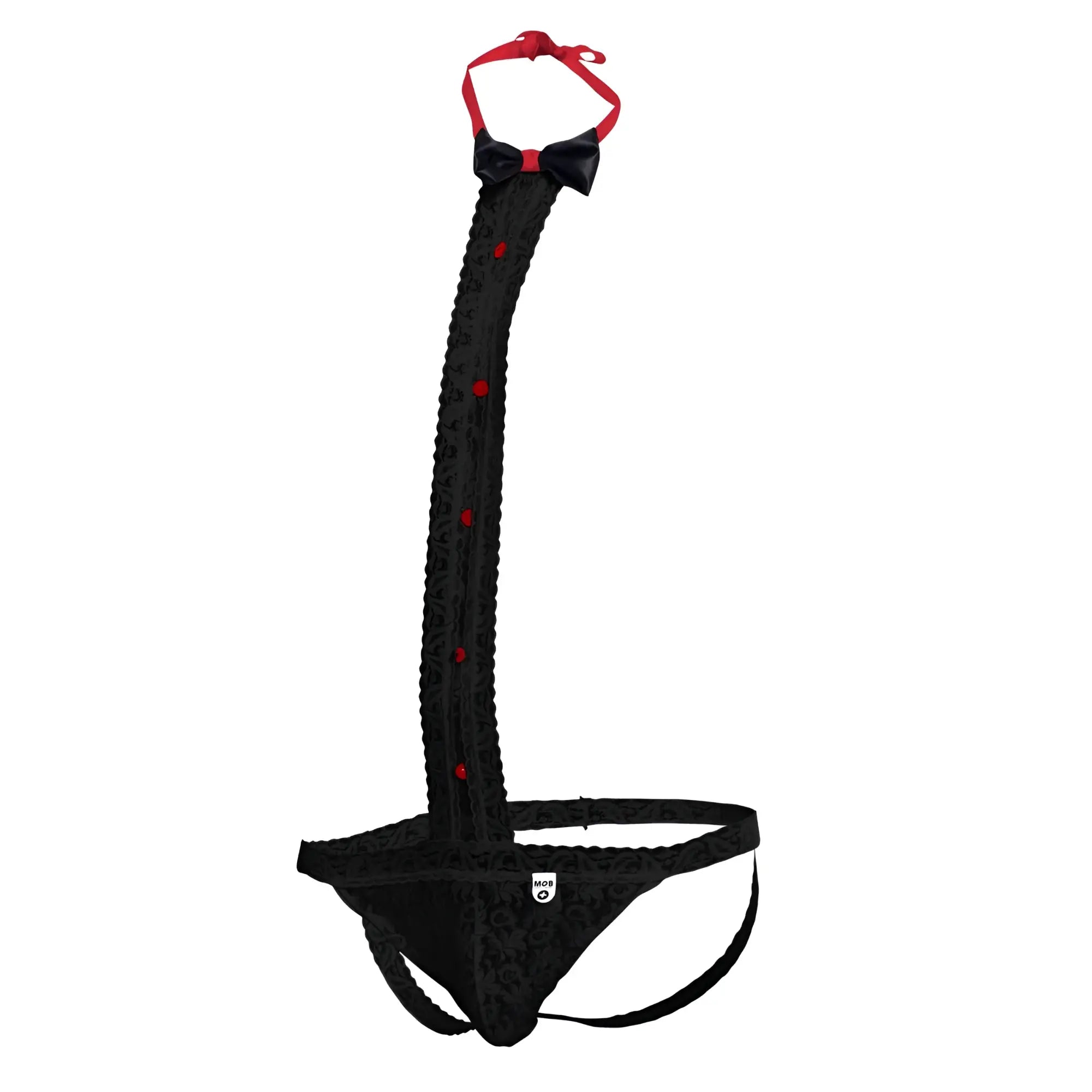 Black lace thong with red bow tie and matching buttons along strap from the MOB tuxedo lace thong collection