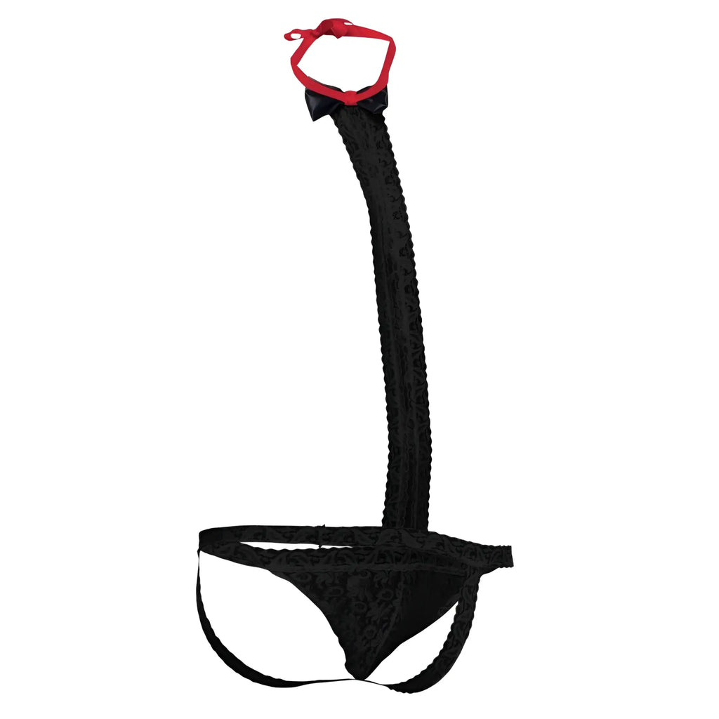 Black lace MOB tuxedo thong with a long decorative tail ending in a red bow and black satin ribbon shown from the back