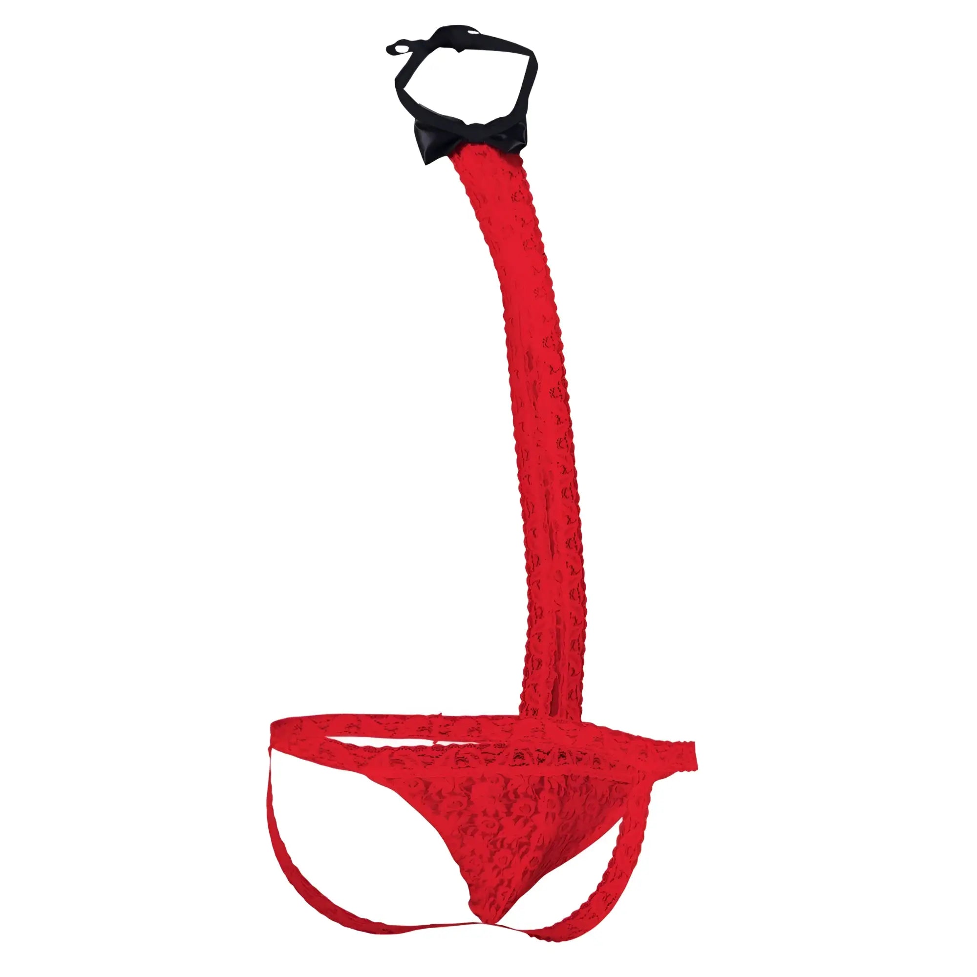 Red lace mob tuxedo thong featuring a long textured strap and black bow at the top