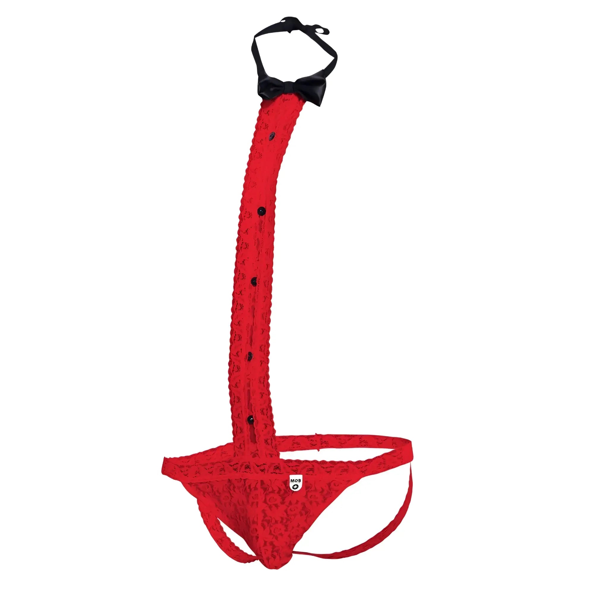 Red lace men’s briefs with black bow tie and button details from the mob tuxedo lace thong collection