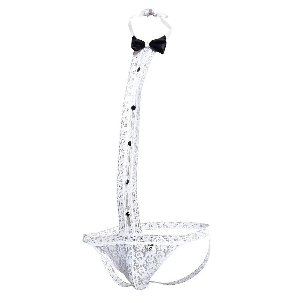 White lace men’s tuxedo thong with black bow tie and button details in mob tuxedo lace thong set