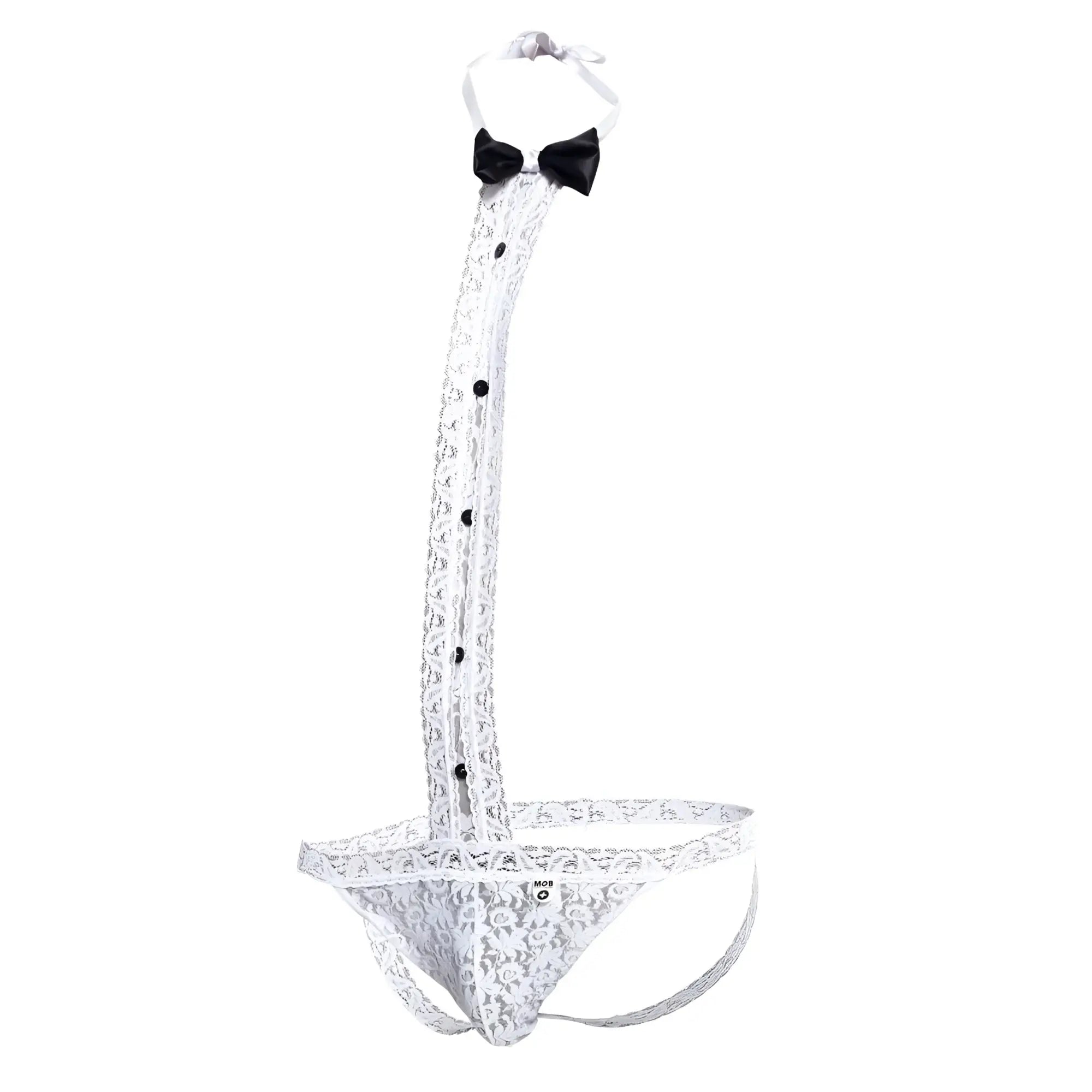 White lace men’s lingerie tuxedo thong with black bow tie and button details for stylish intimate wear