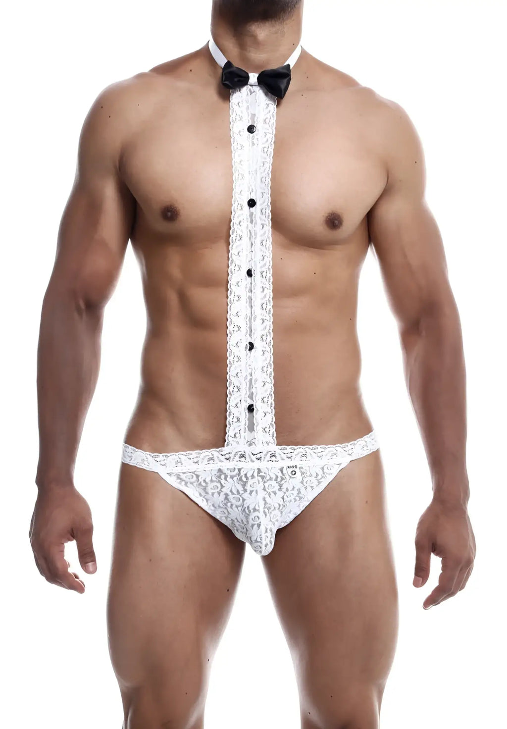 White lace tuxedo thong with black button details and matching bow tie from mob tuxedo lace thong collection