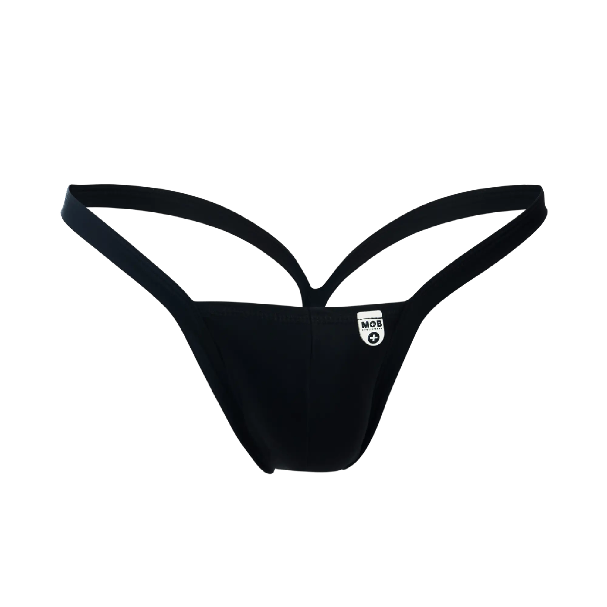 Black MOB Y Buns thong with minimalist design and thin supportive straps shown from the back side