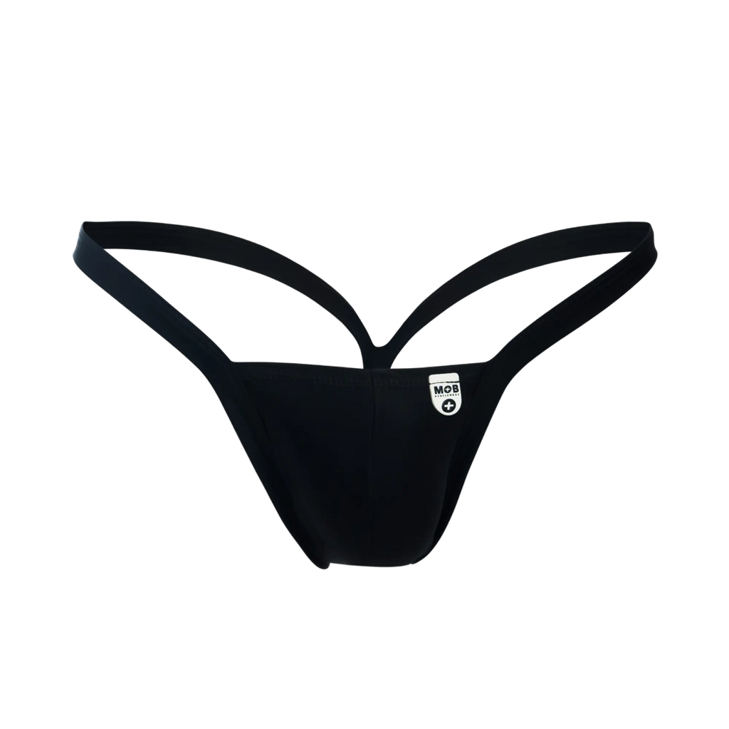 Black MOB Y Buns thong with minimalist design and thin supportive straps shown from the back side