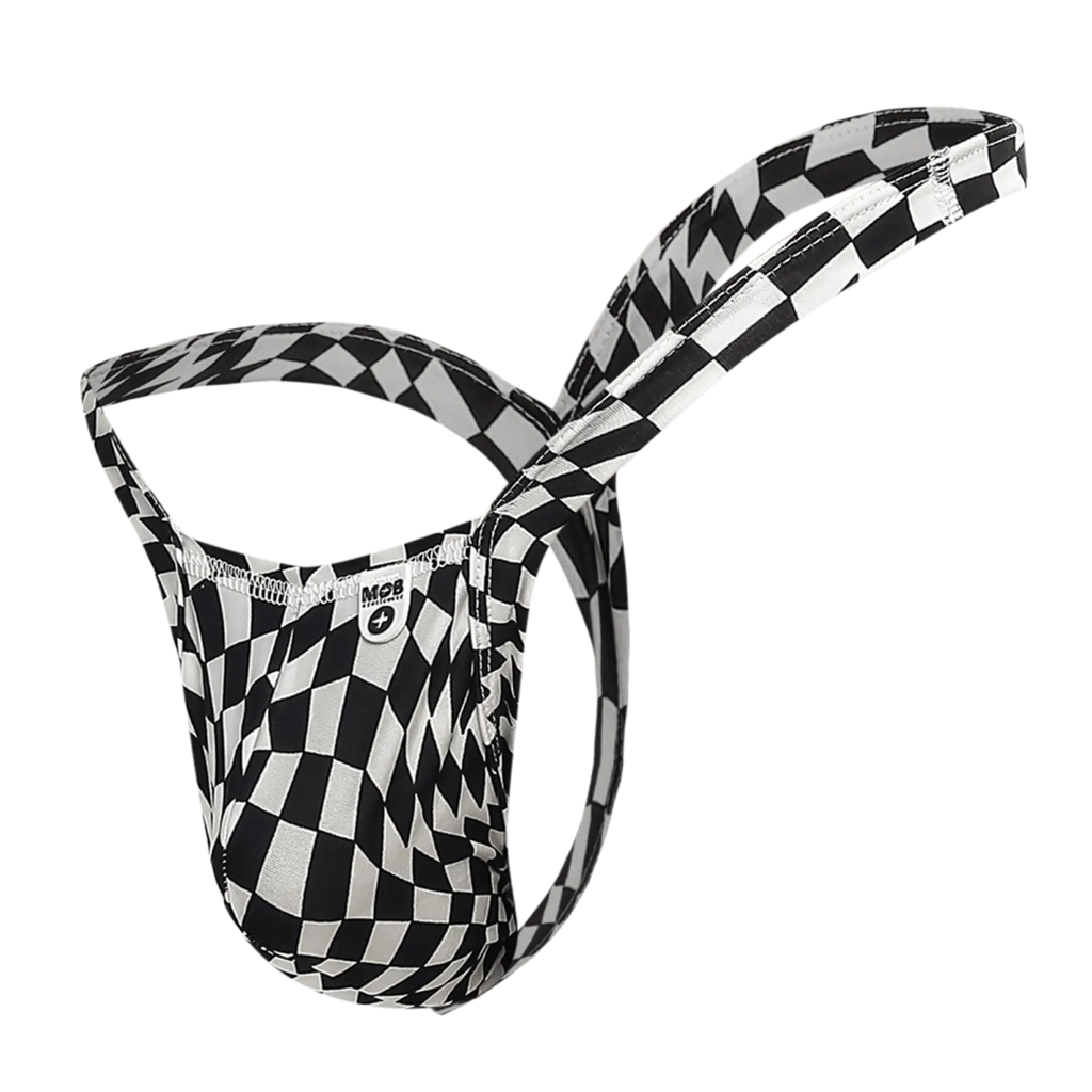 MOB Y Buns Thong black and white checkered m2b men’s briefs with sleek form-fitting design front view