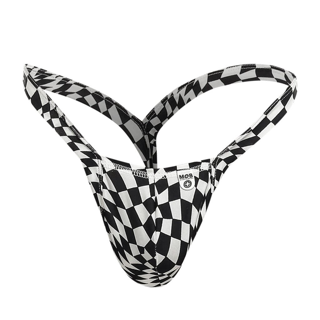 Black and white checkered men’s thong with mob brand label showing the back side in mob y buns thong design