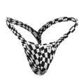 Black and white checkered men’s thong with mob brand label showing the back side in mob y buns thong design