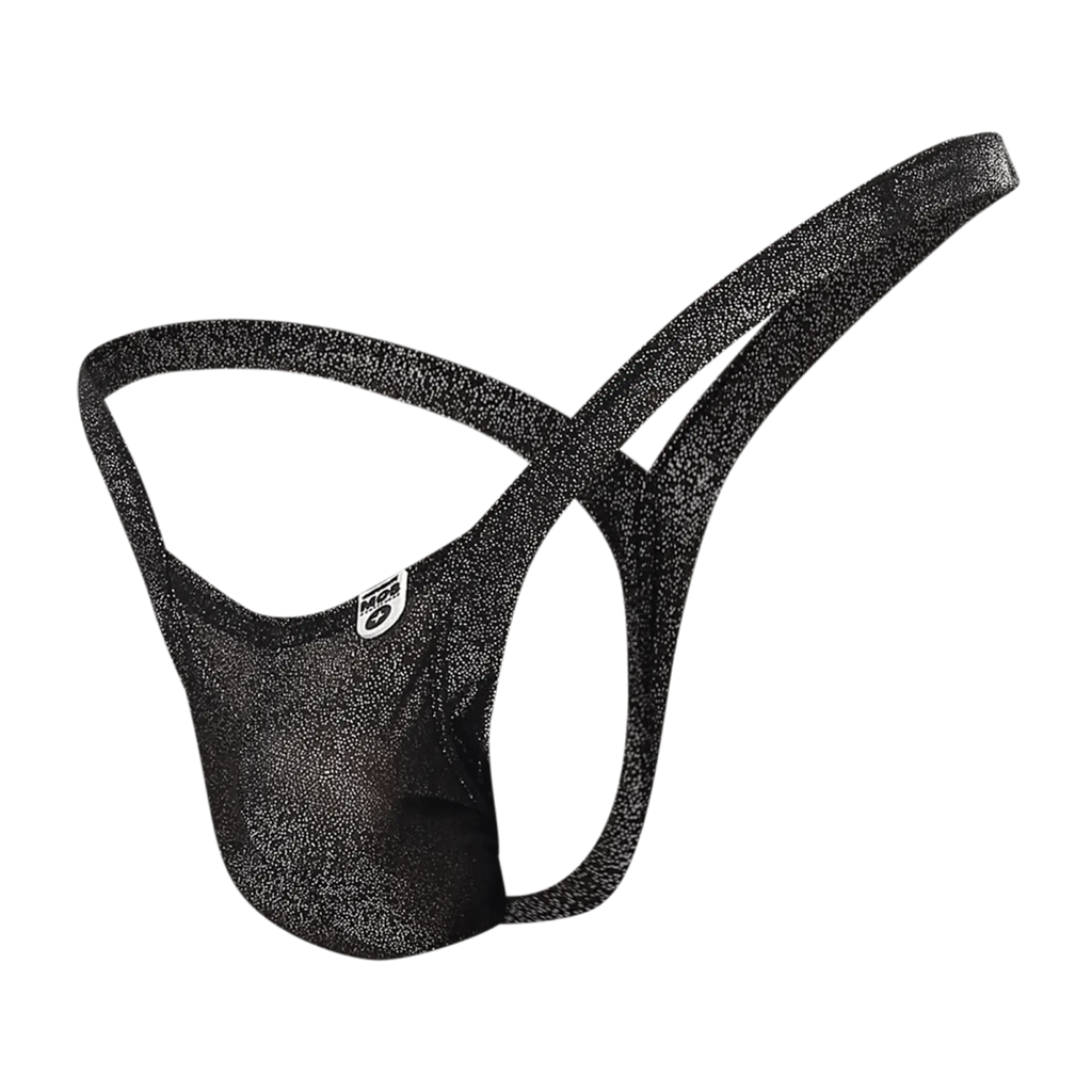 Black glittery men’s briefs mob y buns thong with subtle shimmering texture and small white logo on the side