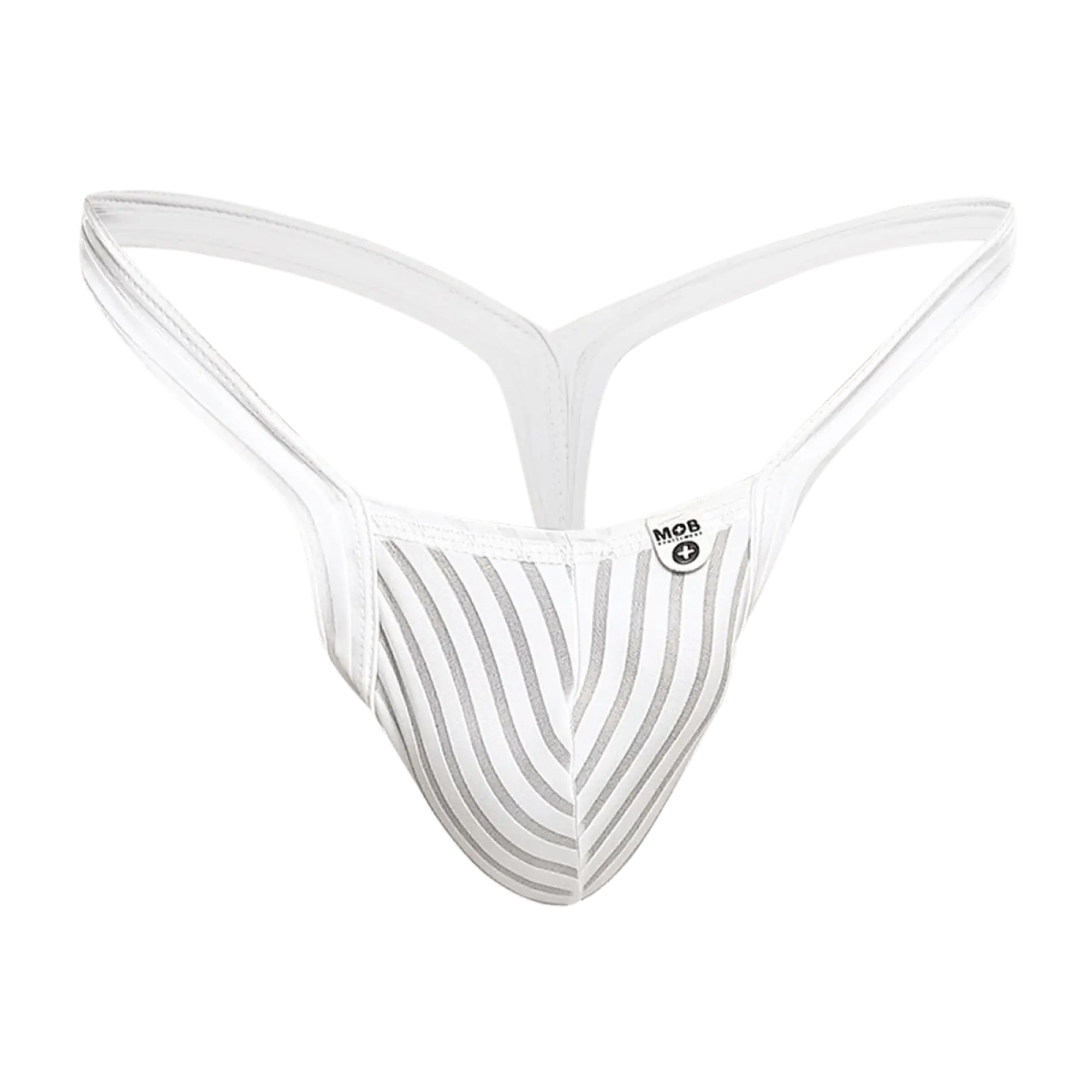 White striped mob y buns thong with sleek modern design and thin straps shown from the back side