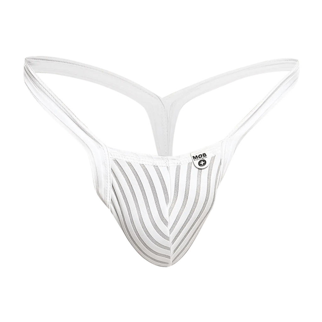 White striped thong from mob y buns featuring a sleek modern design with thin straps shown from the back side
