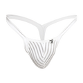 White striped thong from mob y buns featuring a sleek modern design with thin straps shown from the back side