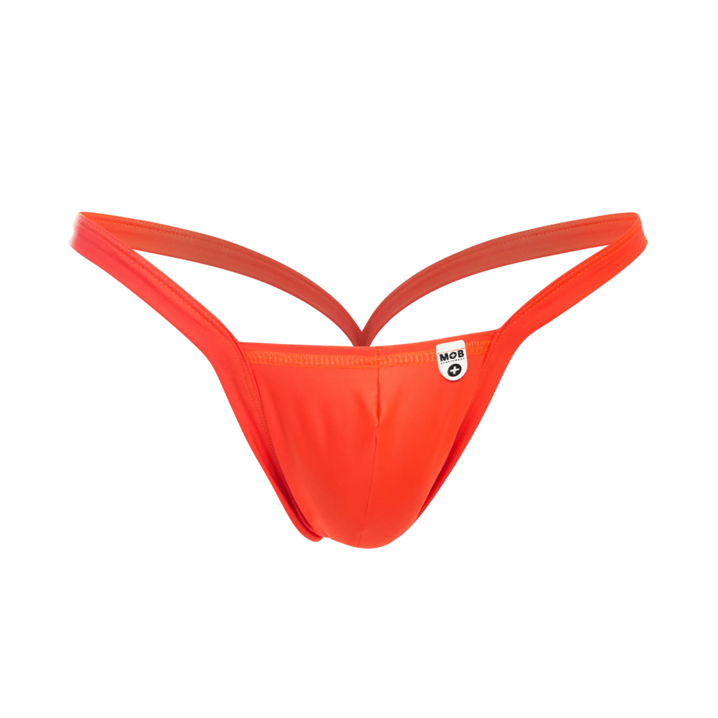 Vibrant orange mob y buns thong with sleek form fitting design and thin straps shown from the back side