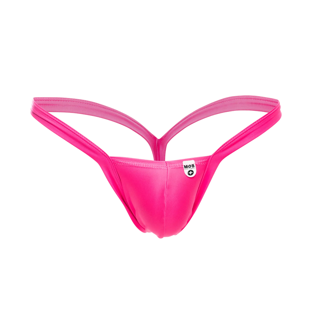 Vibrant pink mob y buns thong with sleek form-fitting design and thin straps shown from the back side