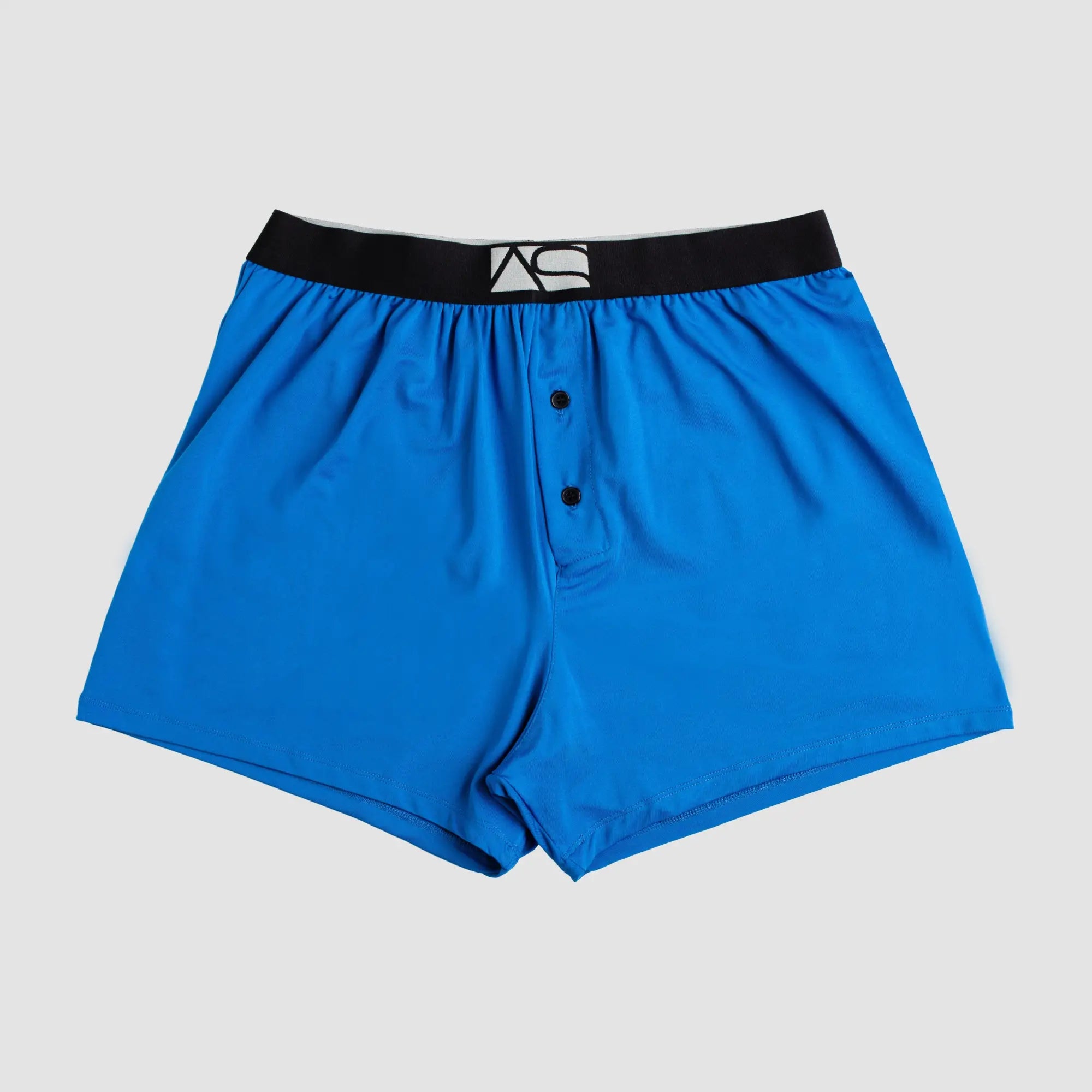 Modern boxer bright blue boxer shorts with black elastic waistband white logo and two front button closures