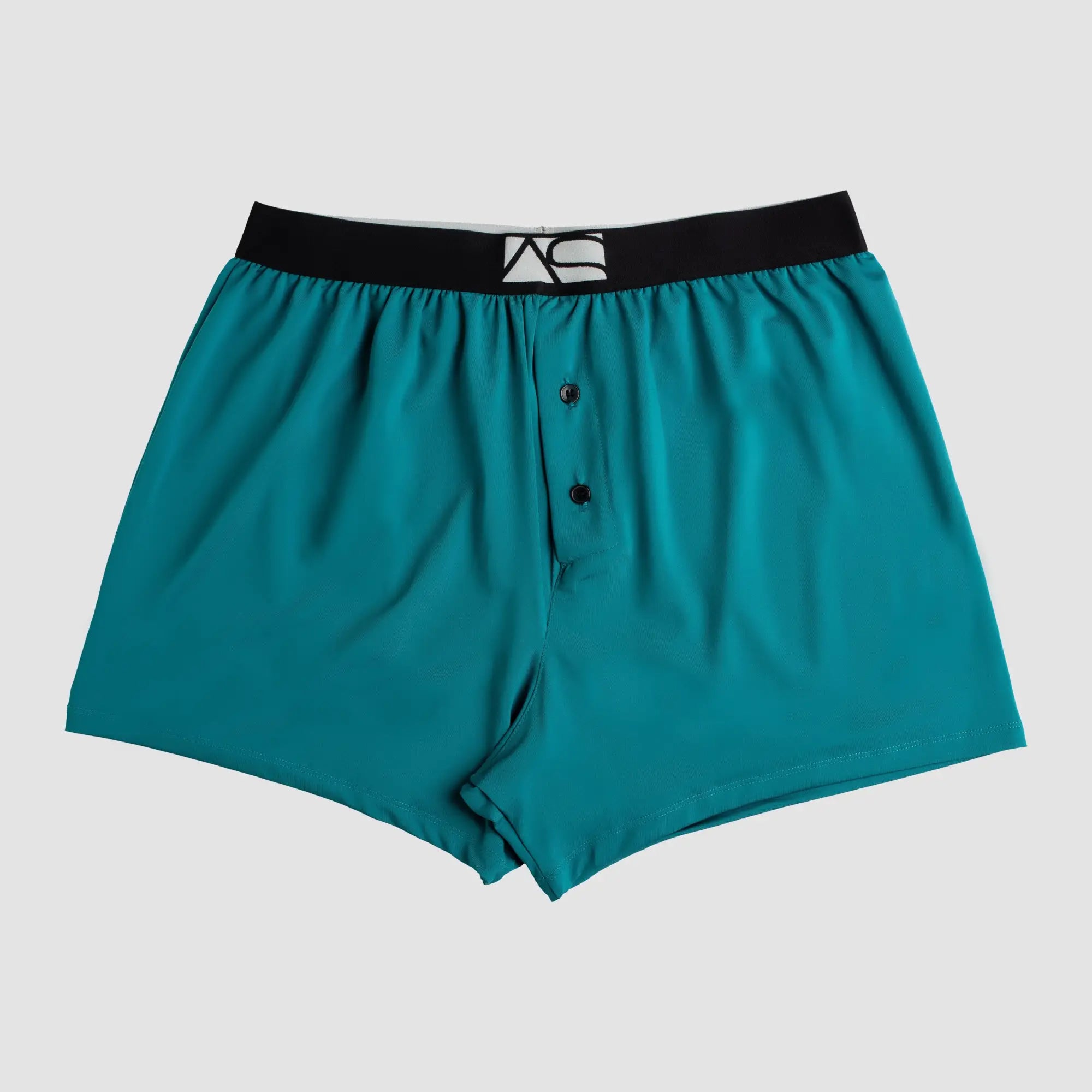 Modern boxer teal boxer shorts with black elastic waistband white logo and two front button closures