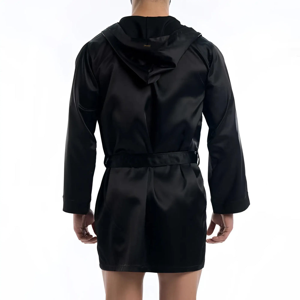 Black satin short robe with hood and belt by modus vivendi ideal for comfortable loungewear size l