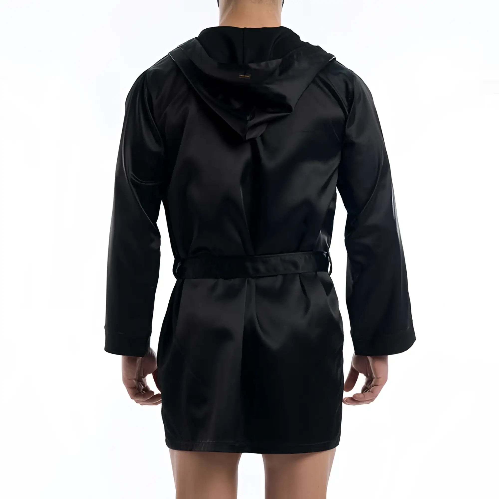 Black satin short robe with hood and belt by modus vivendi ideal for comfortable loungewear size l