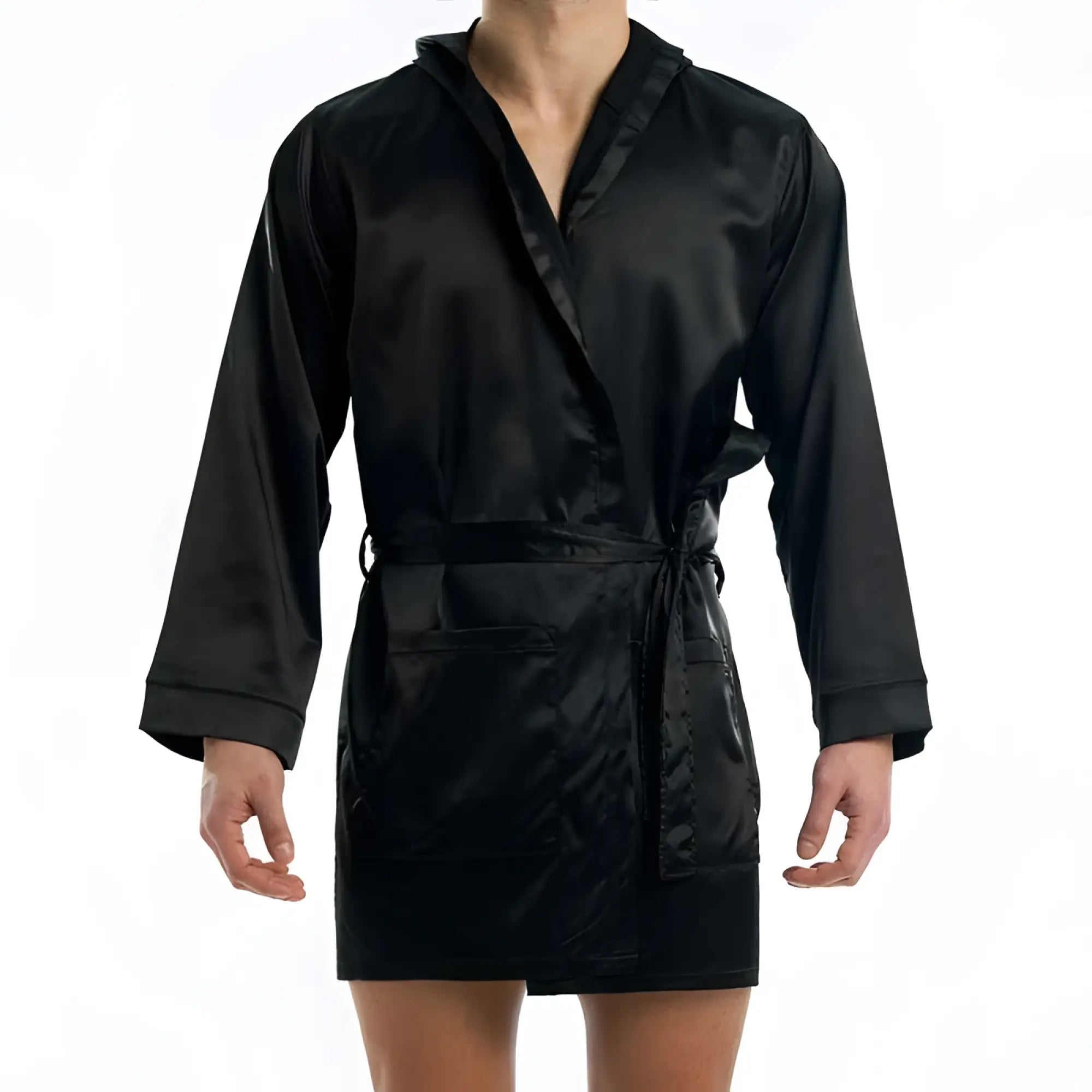 Black satin robe with hood long sleeves and tie belt Modus Vivendi Satin Short Robe Loungewear size L