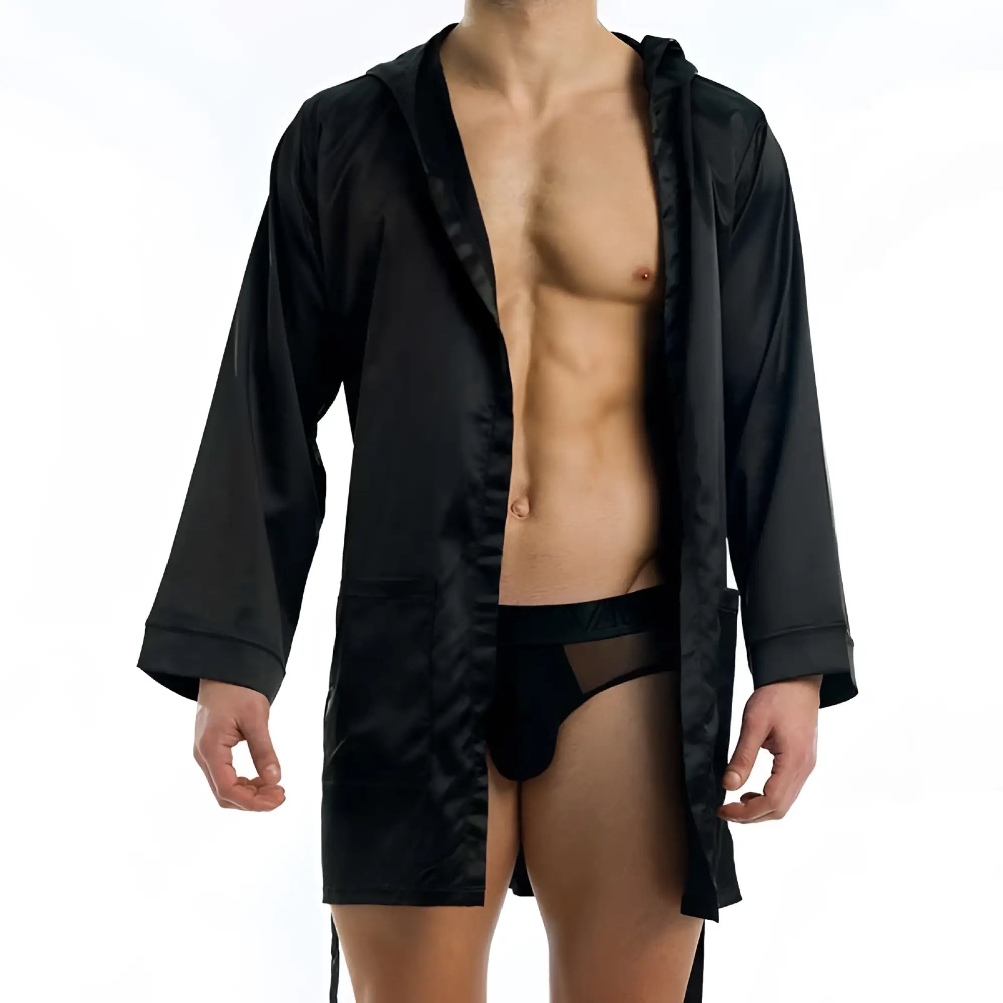 Black satin short robe with hood and front pockets by modus vivendi in size l for loungewear use