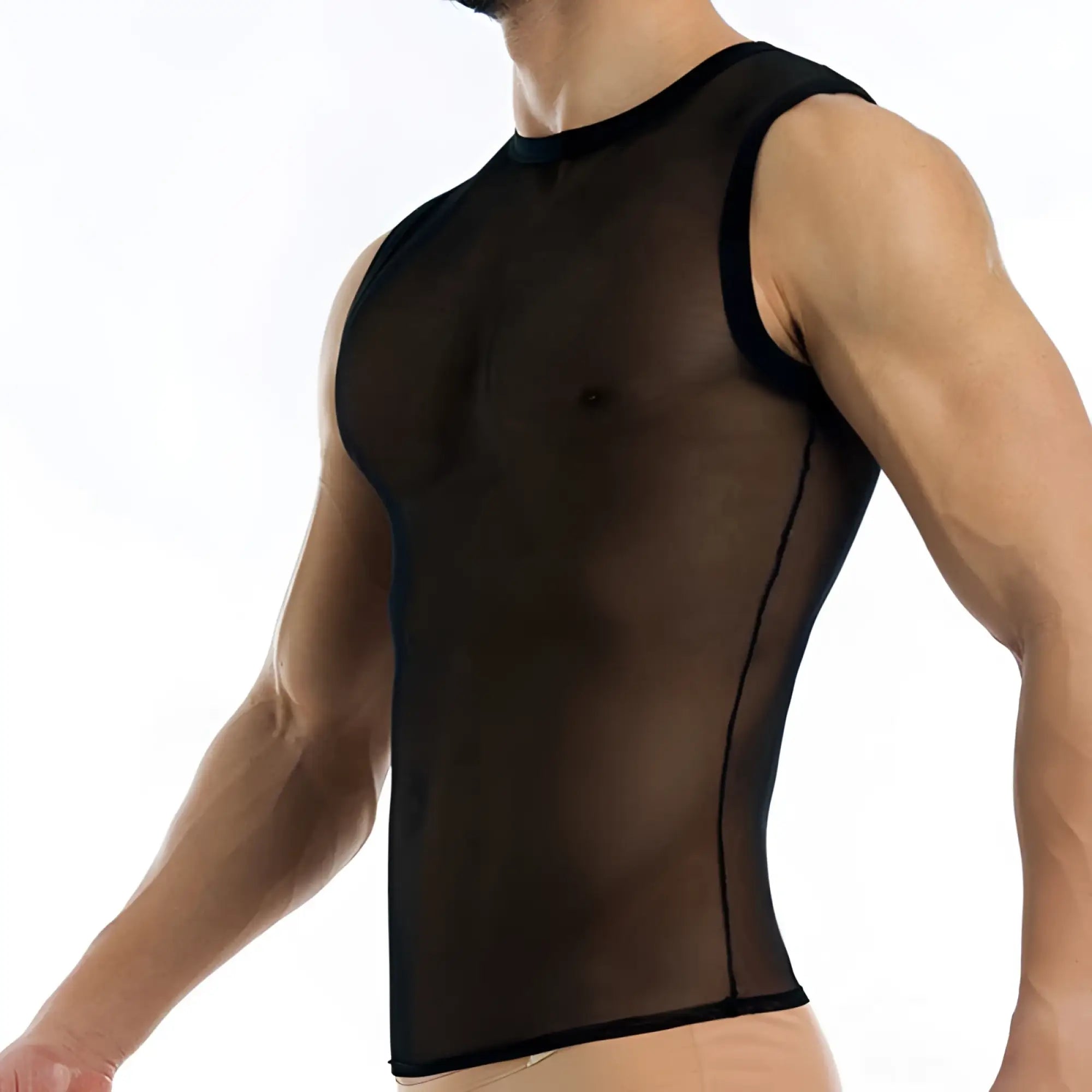 Black sheer mesh tank top with black trim by modus vivendi transparent material size xl front view