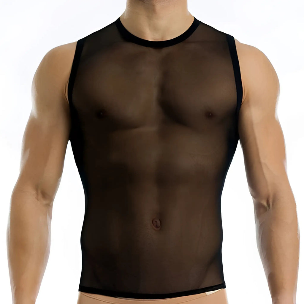 Modus Vivendi black sheer mesh tank top with black trim made from transparent fabric size XL