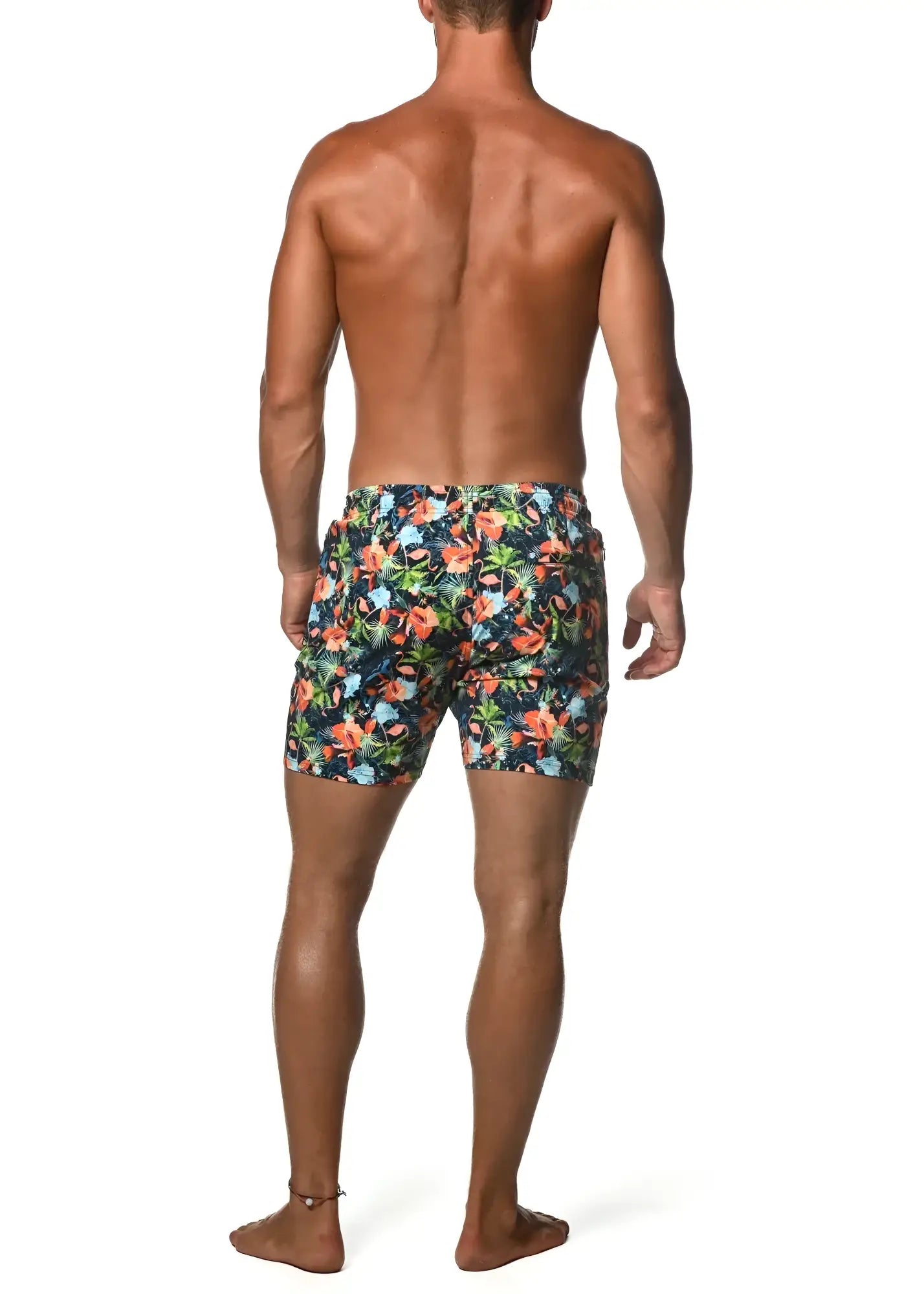 Men’s moritz 6 inch inseam swim shorts in navy blue with orange green and light blue tropical floral print