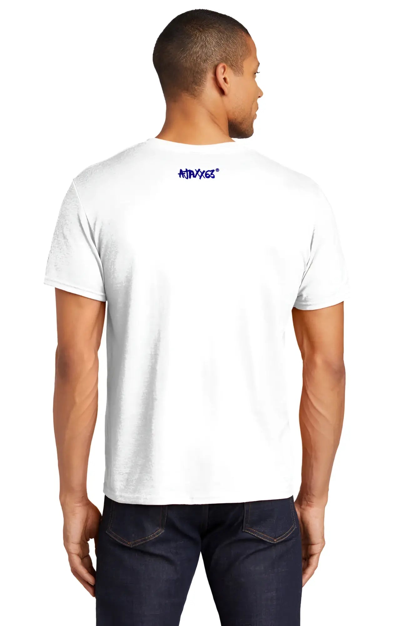 White cotton morning wood premium t-shirt with small blue atraxes logo printed on the upper back