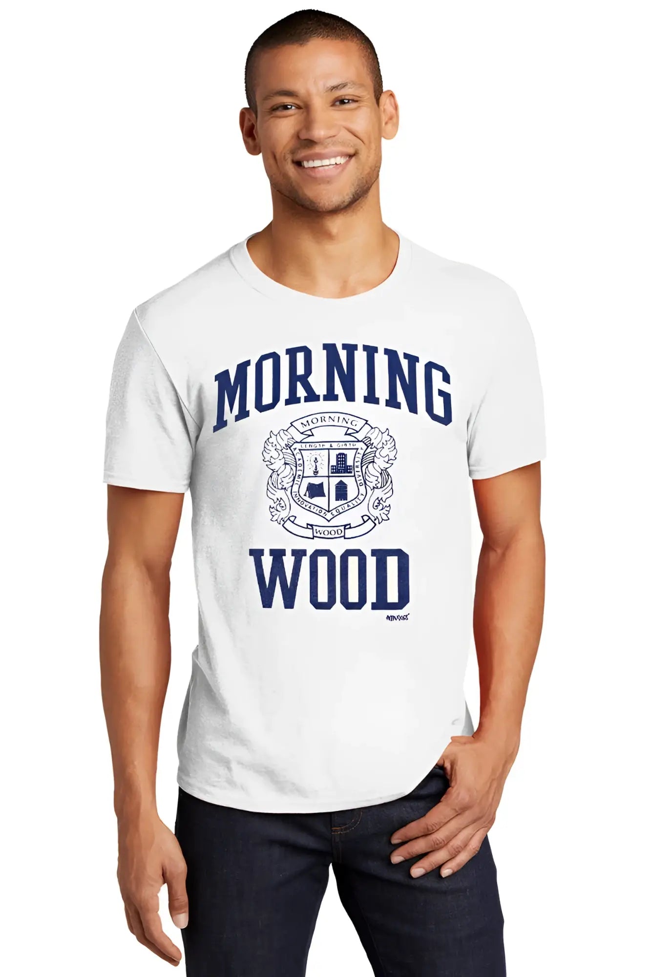 White premium cotton t-shirt with navy blue morning wood text and crest graphic on the front
