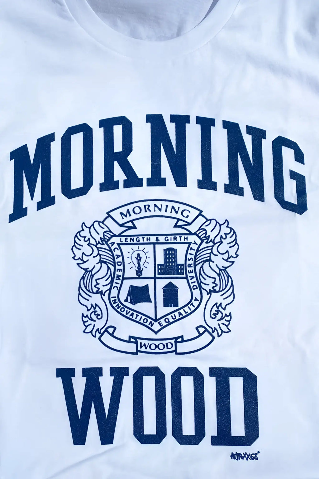White premium cotton t-shirt with navy blue morning wood collegiate logo and academic emblem details