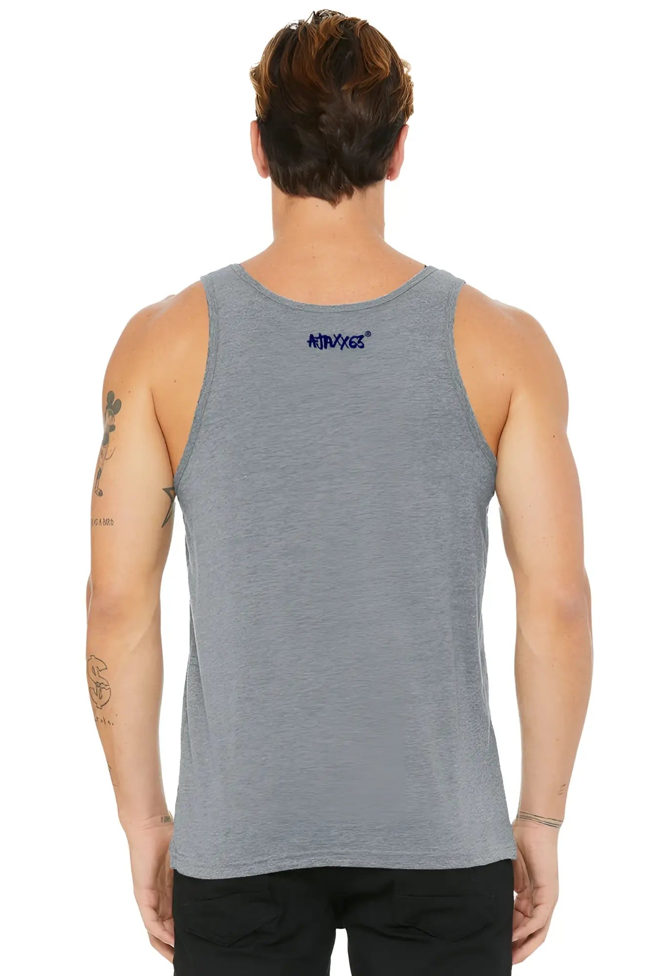 Gray heathered morning wood tank top with small blue kirvyce logo on the upper back side