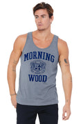 Gray heathered tank top with navy blue morning wood lettering and crest design in a casual sleeveless style