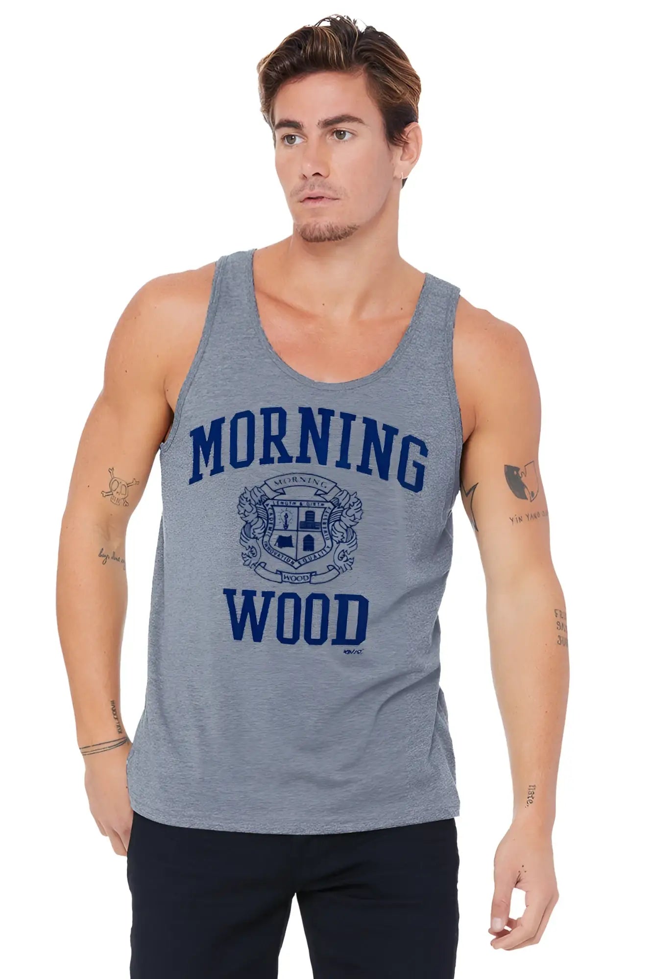 Gray heathered tank top with navy blue morning wood lettering and crest design in a casual sleeveless style