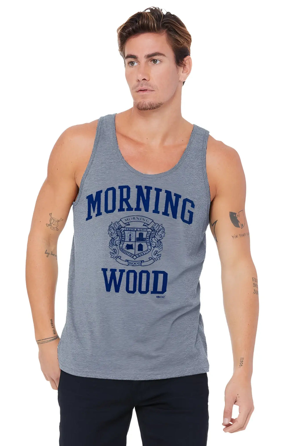 Gray heathered tank top with navy blue morning wood lettering and crest design for casual wear