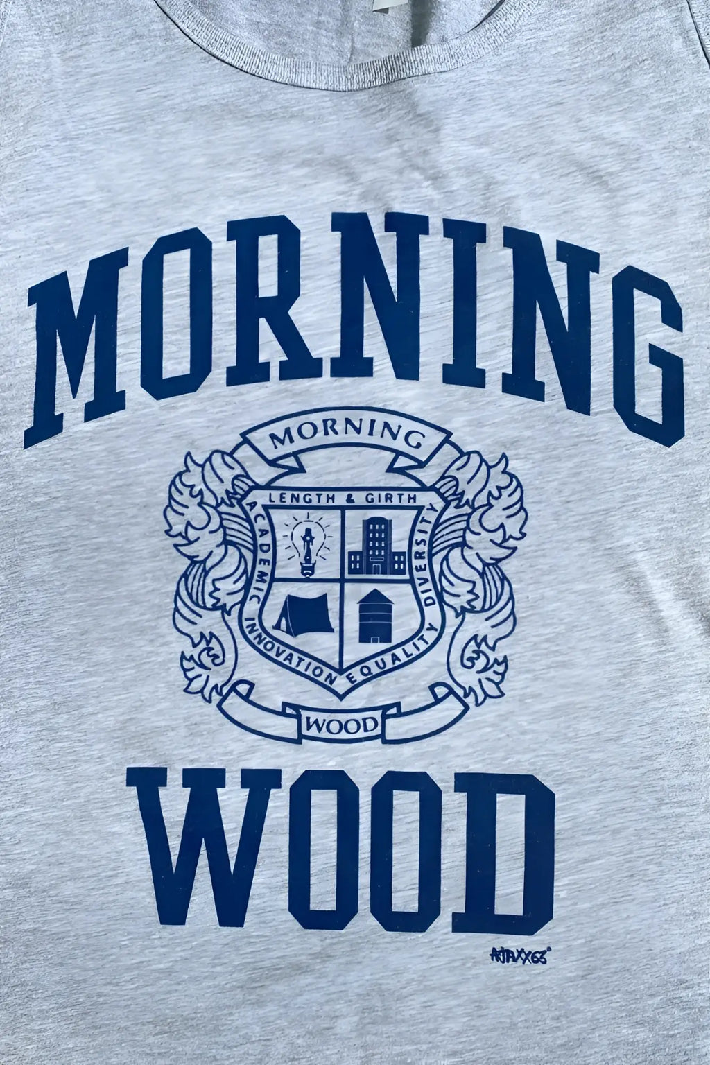 Gray heathered tank top with navy blue morning wood collegiate style logo emblem and text on the front
