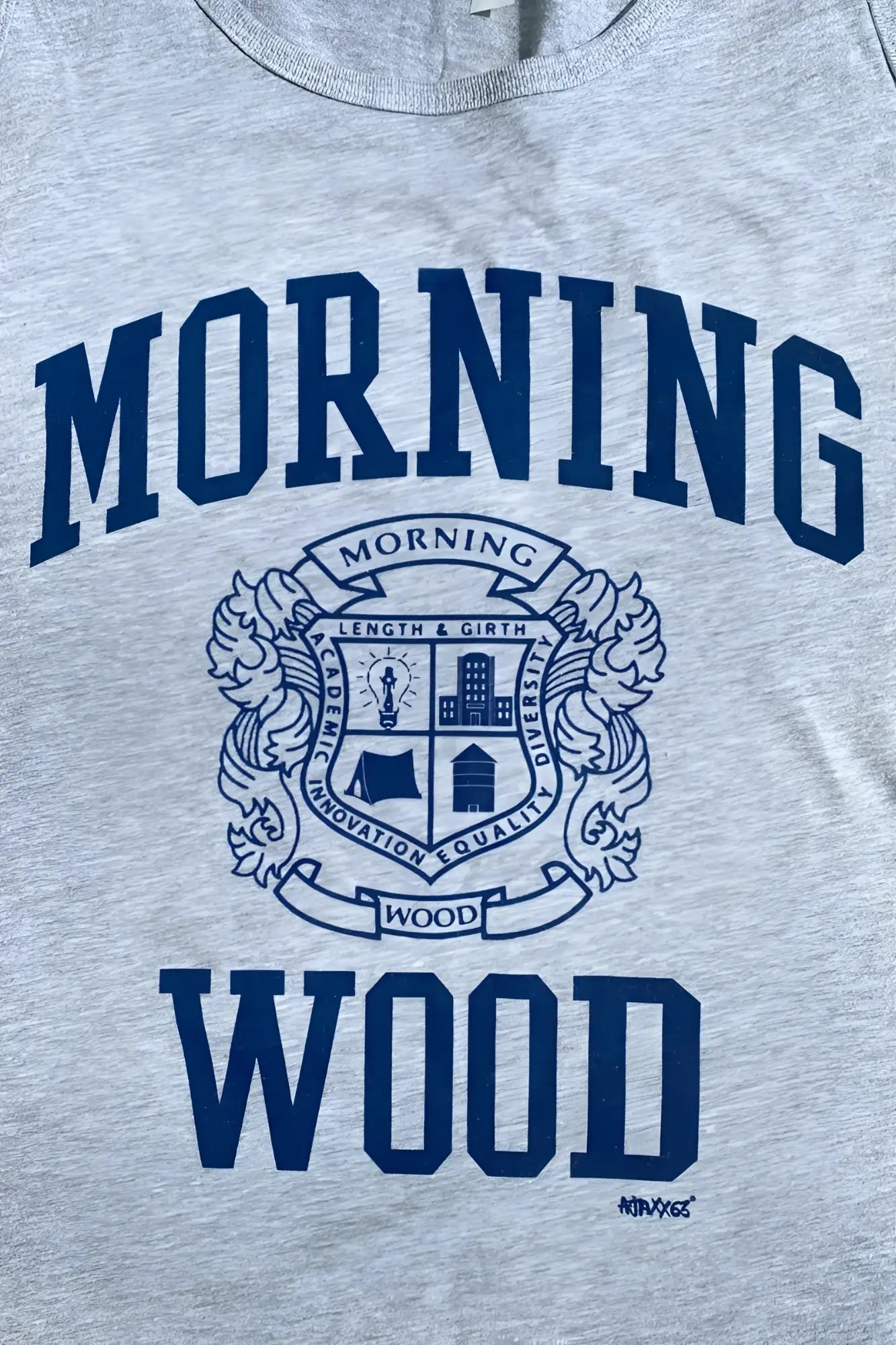Gray heathered tank top with navy blue morning wood collegiate style logo emblem and text on the front