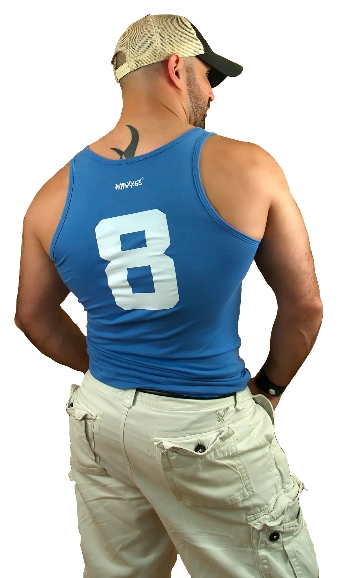 Blue tri-blend athletic tank top with large white number 8 printed on the back from morning wood collection