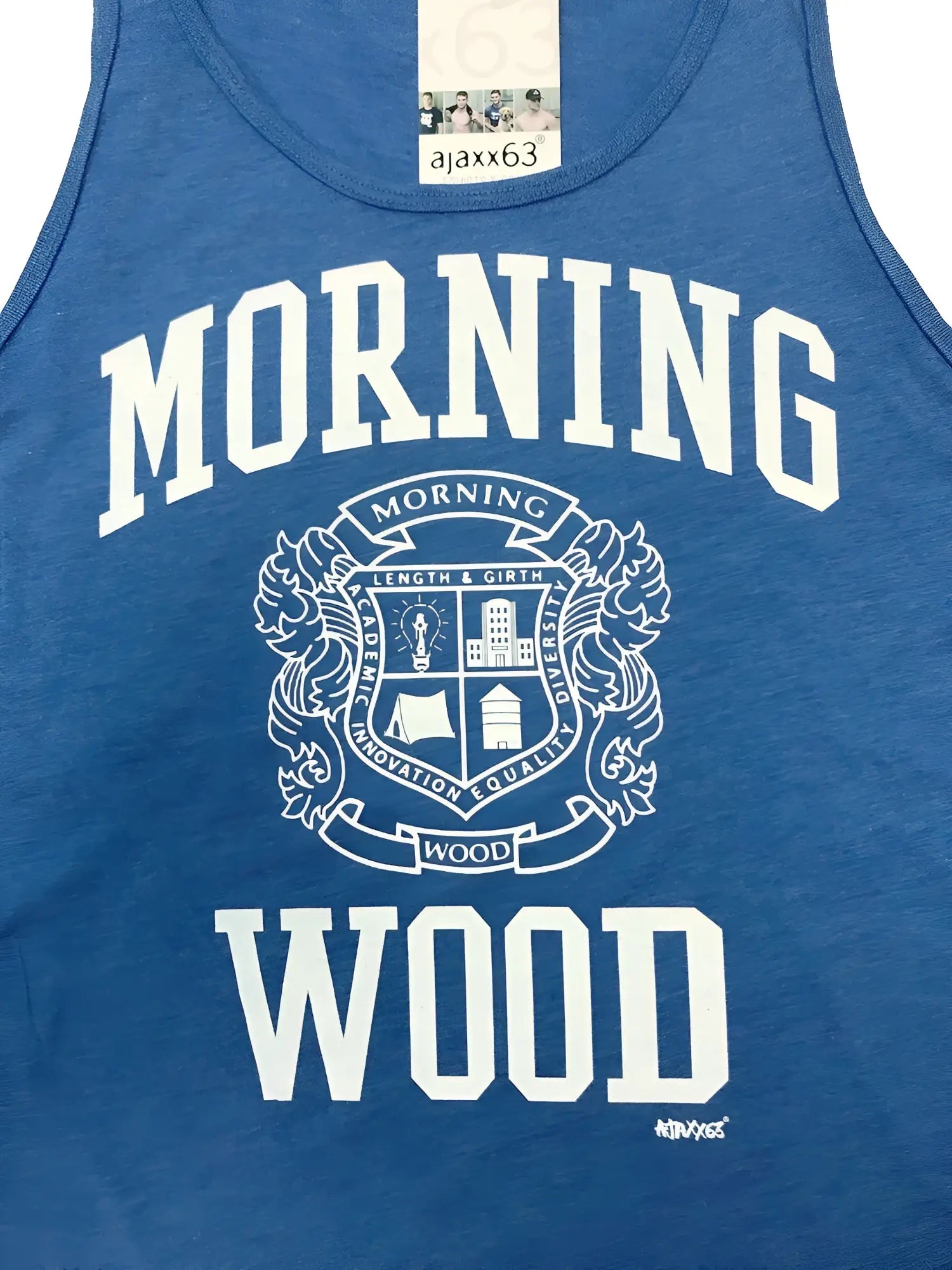 Blue heathered tri blend tank top with white morning wood collegiate style graphic and crest design