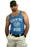 Blue morning wood tri-blend tank top with white lettering and crest design perfect for casual wear