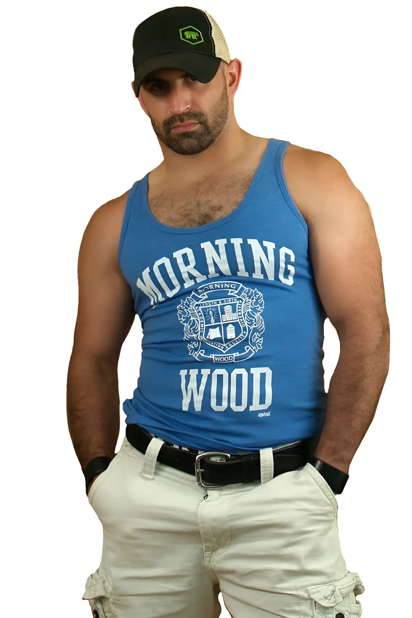 Blue morning wood tri-blend tank top with white lettering and crest design perfect for casual wear