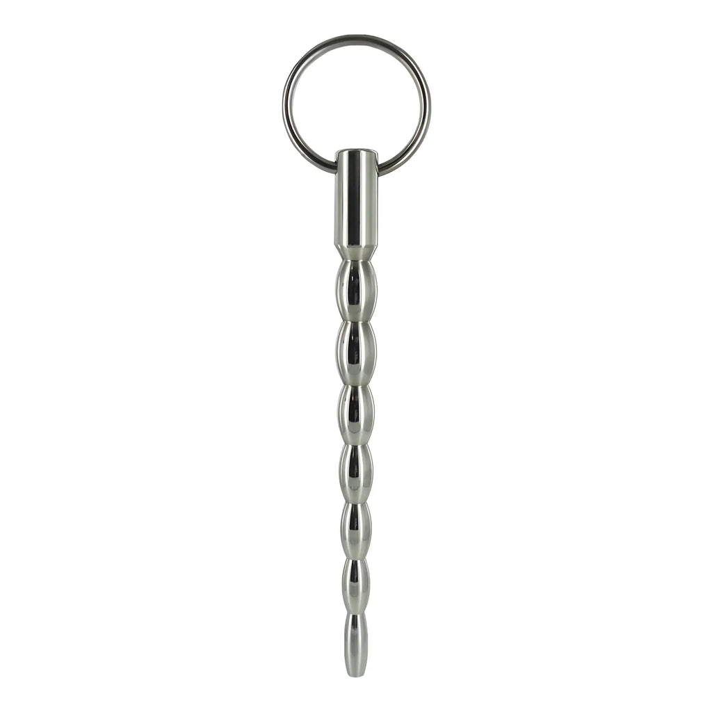Silver metallic prostate massager with beaded design and keyring from the mortal coil cum-thru sound product