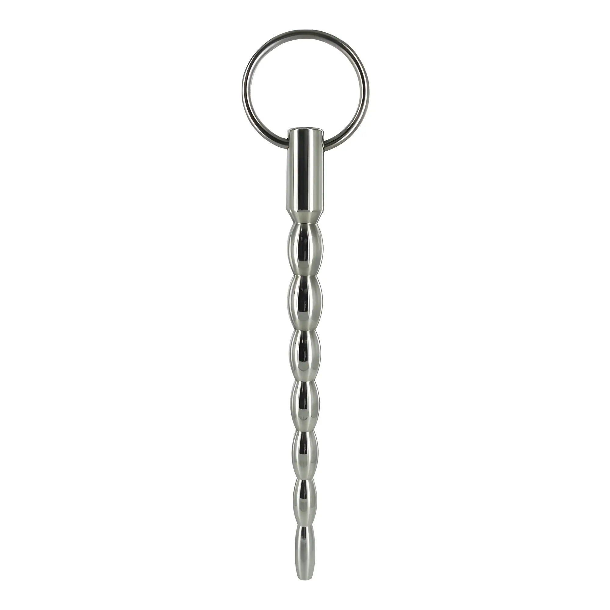 Silver metallic prostate massager with beaded design and keyring from the mortal coil cum-thru sound product