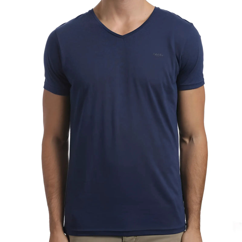 Navy blue v neck cotton t shirt with subtle texture and small embroidered logo on left chest size s by mossimo