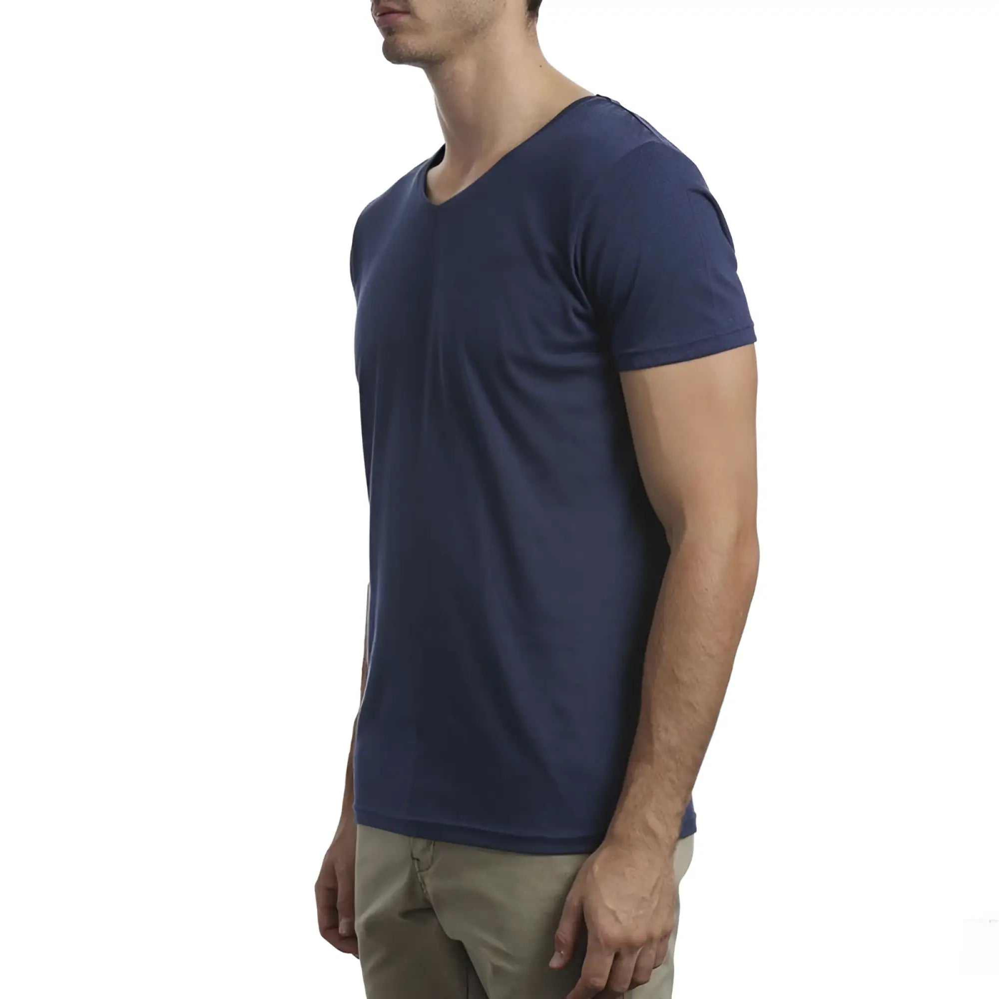 Navy blue cotton v neck t shirt by mossimo standard issue in size small with short sleeves and marle texture