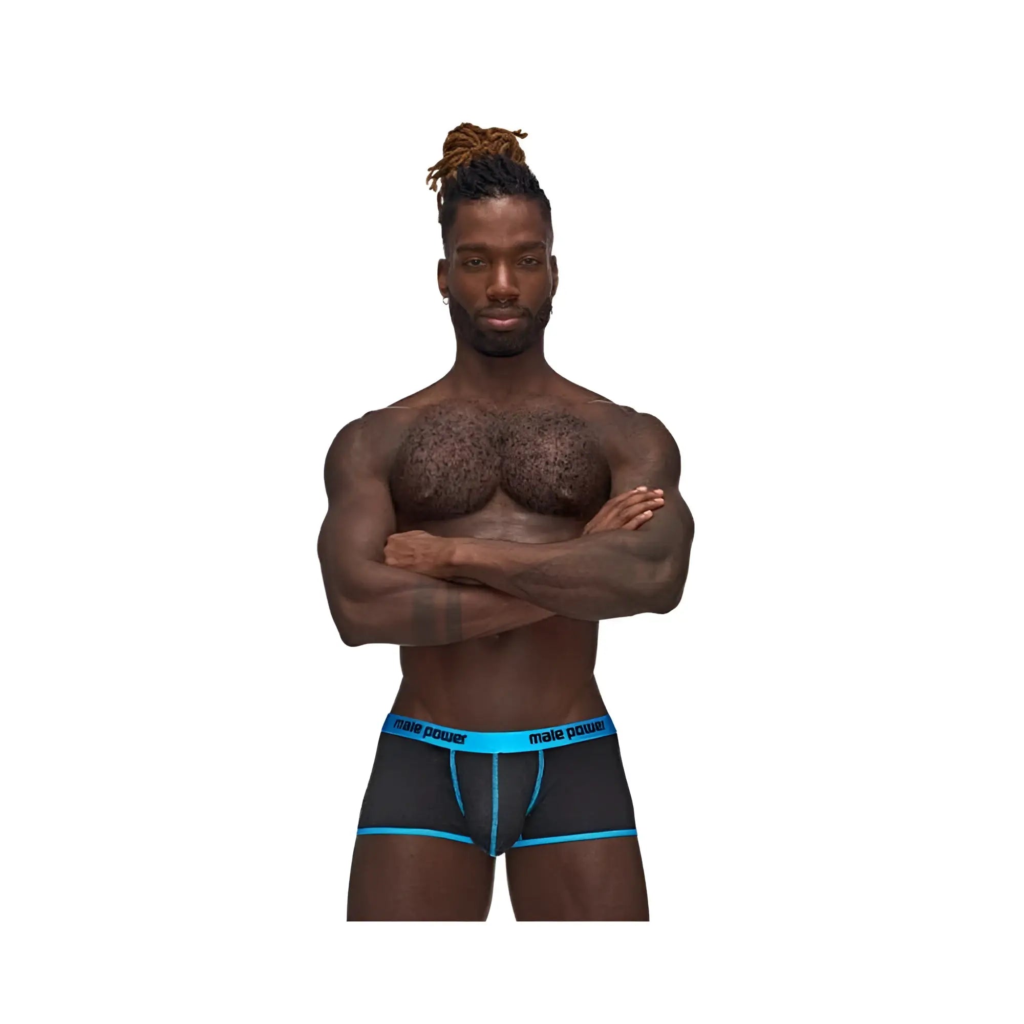 Black briefs with bright blue trim and male power branding on the waistband mp casanova uplift short black s
